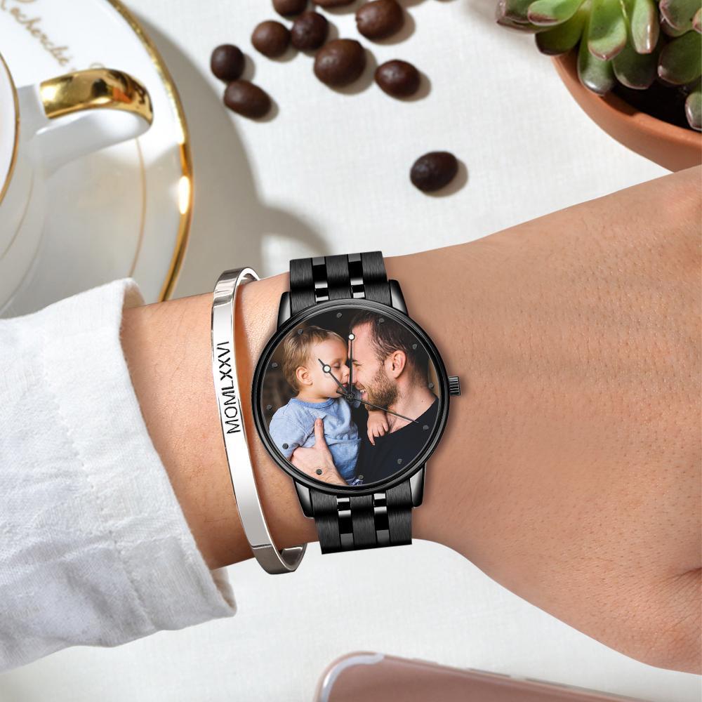 Pulseira De Liga Negra Masculina Gravada Com Foto - Relógio Para Meu Pai, Eu Te Amo, Presentes Para Ele