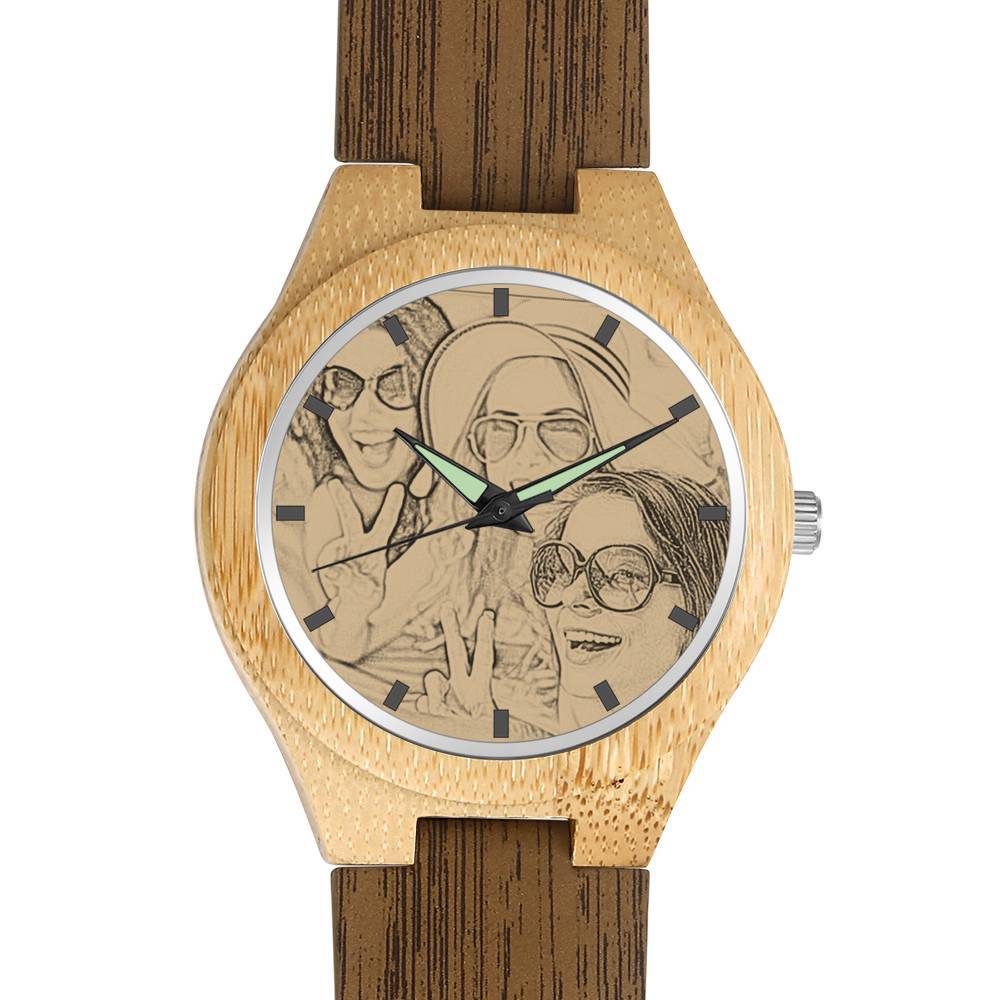 Feminino Bambu Relógio Gravável com Foto Pulseira de Couro de Madeira 40mm