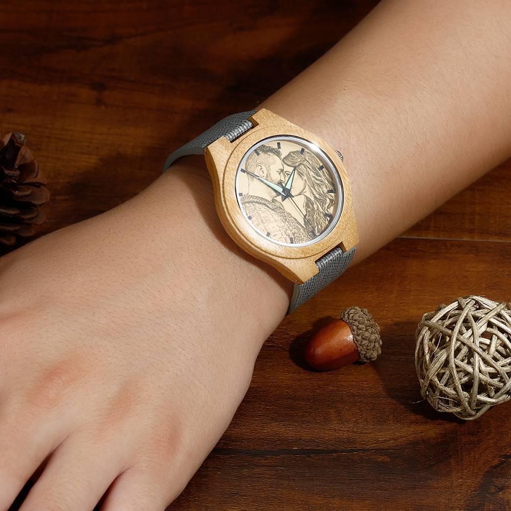 Feminino Bambu Relógio Gravável com Foto Pulseira de Couro Cinzento 40mm