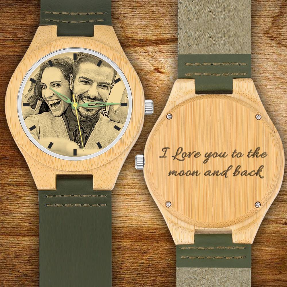 Masculino Relógio Gravável de Bambu com Foto com Pulseira de Couro Verde Escuro 45mm