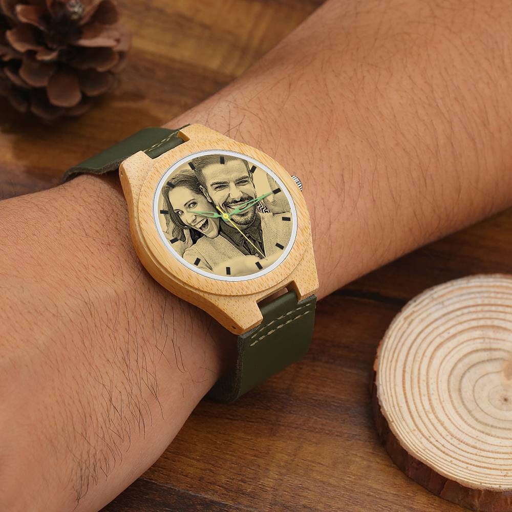 Masculino Relógio Gravável de Bambu com Foto com Pulseira de Couro Verde Escuro 45mm