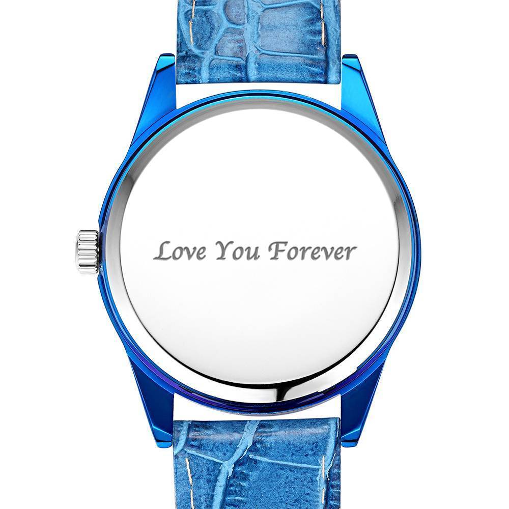 Relógio Gravável Personalizada, Relógio com Foto com Pulseira de Couro Azul Masculino - Presente para Namorado