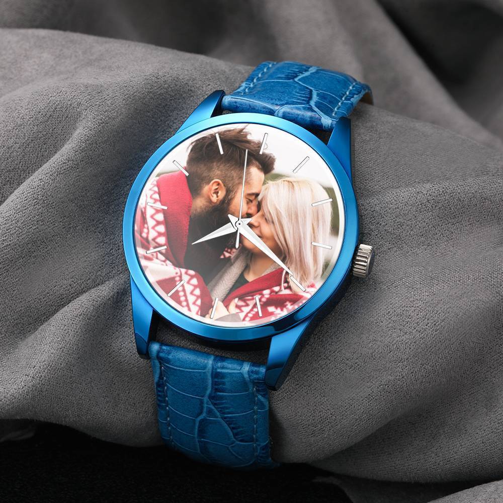 Relógio Gravável Personalizada, Relógio com Foto com Pulseira de Couro Azul Masculino - Presente para Namorado