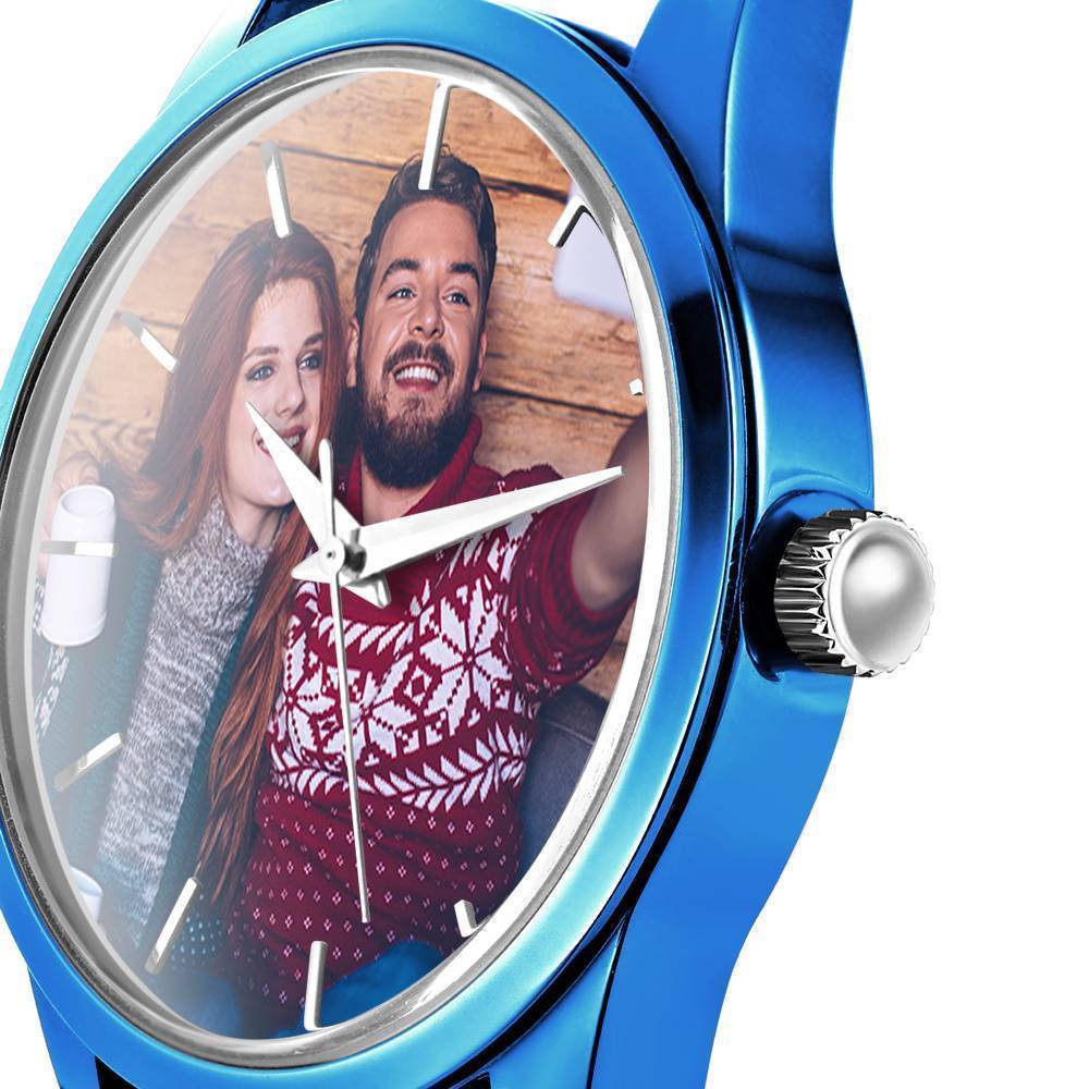 Relógio Gravável Personalizada, Relógio com Foto com Pulseira de Couro Azul das Mulheres