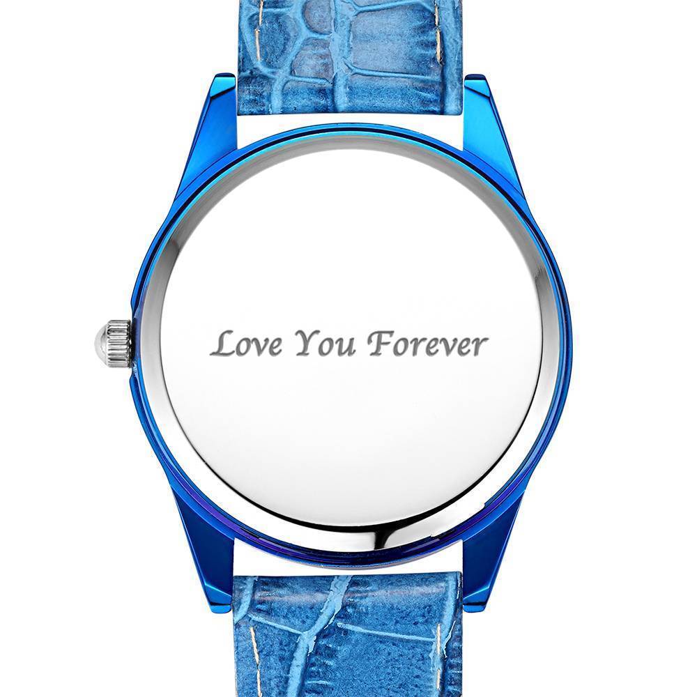 Relógio Gravável Personalizada, Relógio com Foto com Pulseira de Couro Azul das Mulheres