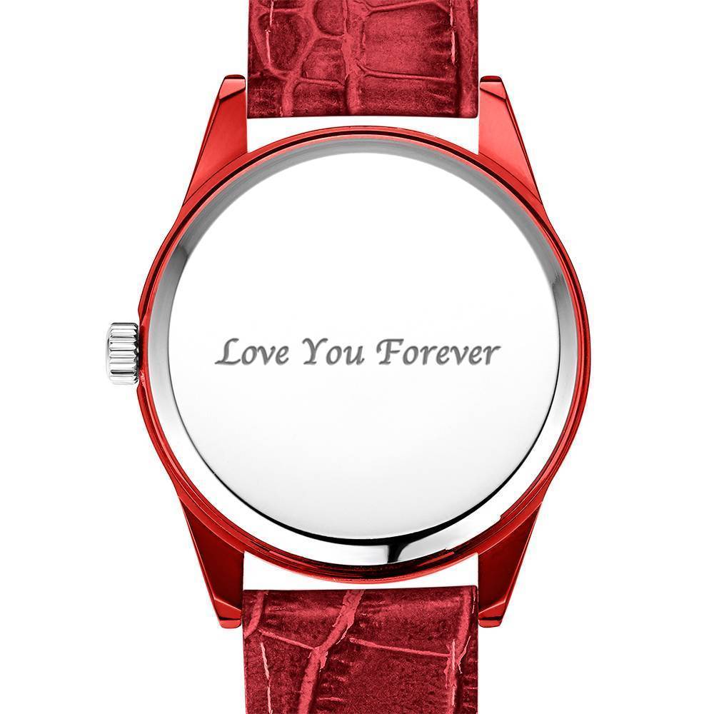 Relógio Gravável Personalizada, Relógio com Foto com Pulseira de Couro Vermelho Masculino - Presente para Namorado