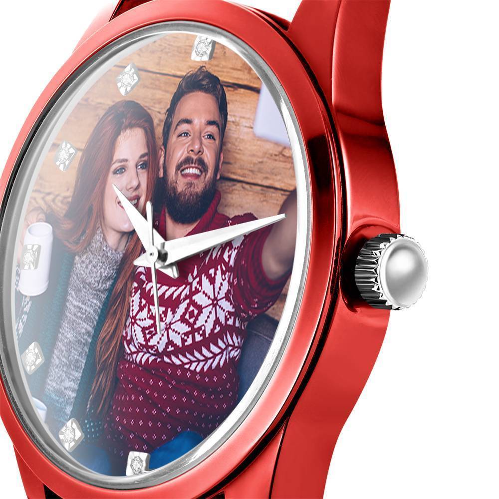 Relógio Gravável Personalizada, Relógio com Foto com Pulseira de Couro Vermelho das Mulheres