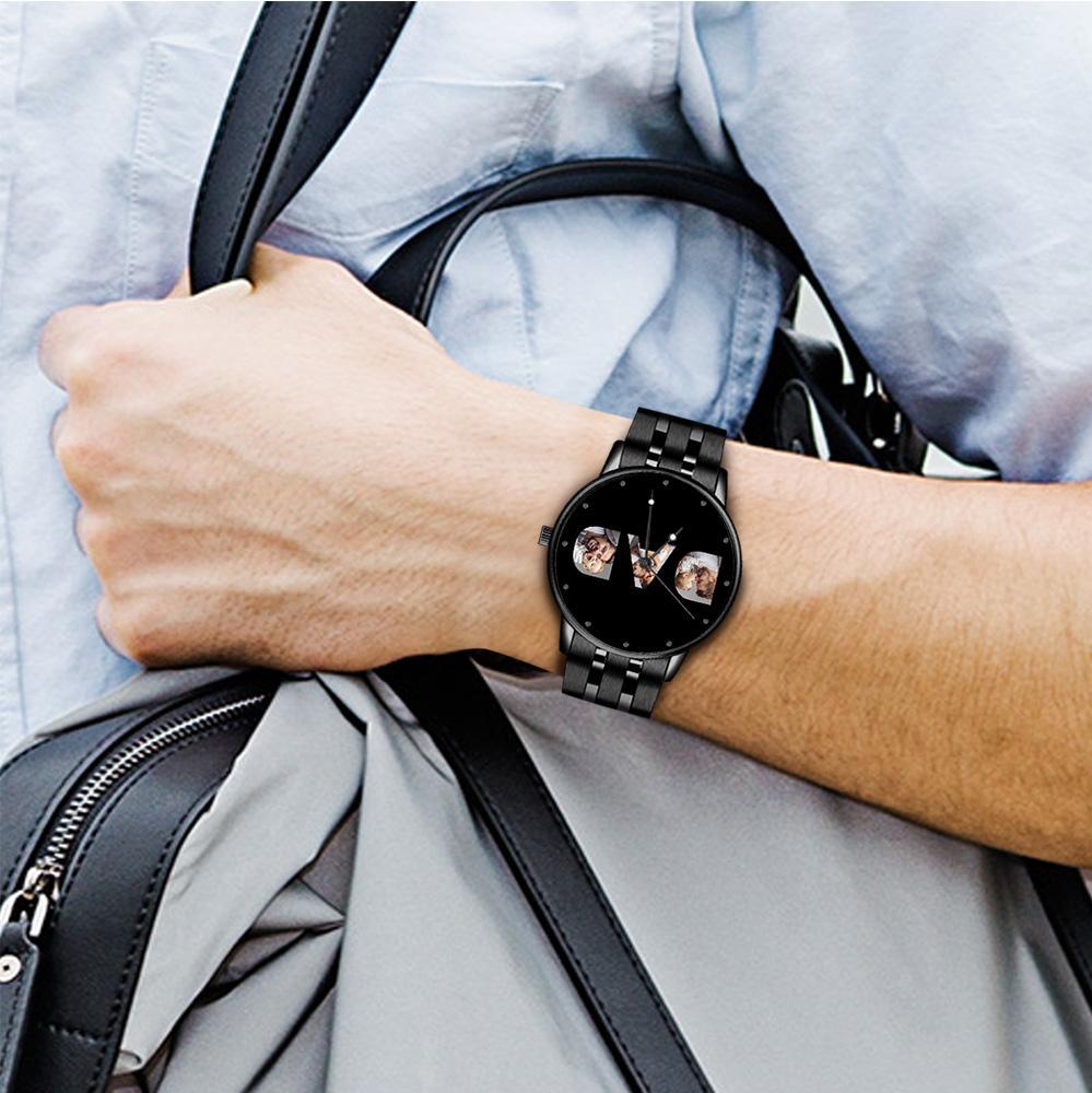Relógio Masculino Com Foto Personalizado Liga Preta Pulseira Relógio Para O Pai - soufeelbr
