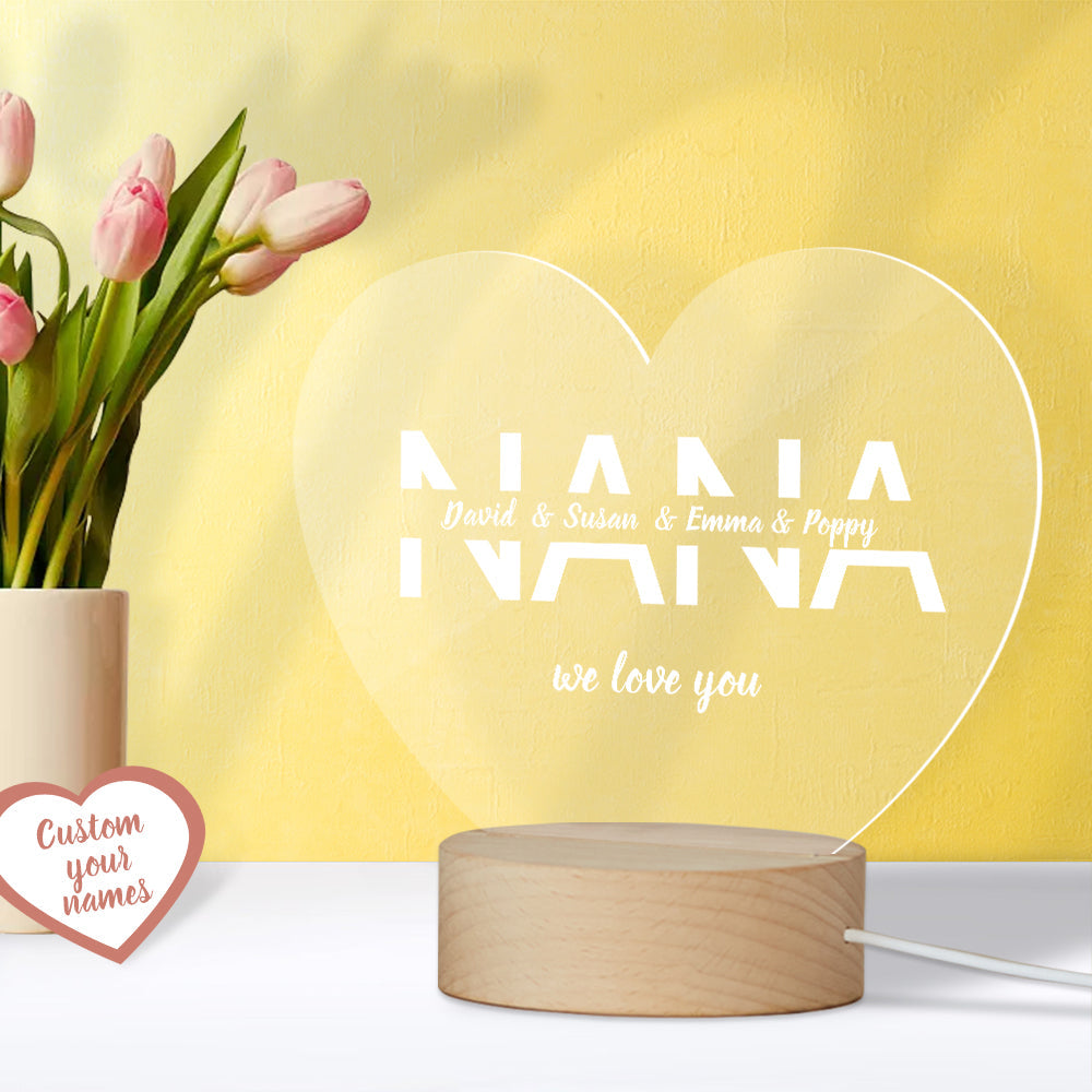 Presente De Dia Das Mães Personalizado Seus Nomes Base De Madeira Acrílica Luz Noturna Presente Para Mãe - soufeelbr