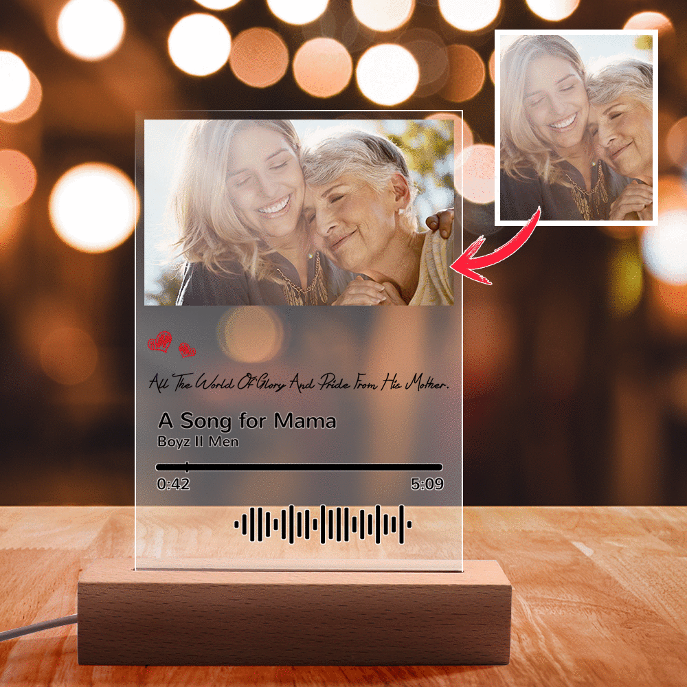 Presentes gravados com foto com código de música digitalizável à noite para a mãe