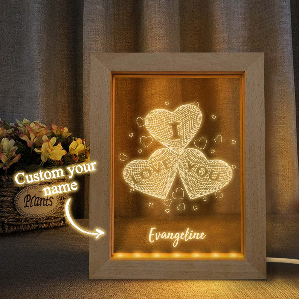 Moldura De Madeira Personalizada Luz Personalizada 3d Três Corações Luz Noturna Presente Para Amantes - soufeelbr