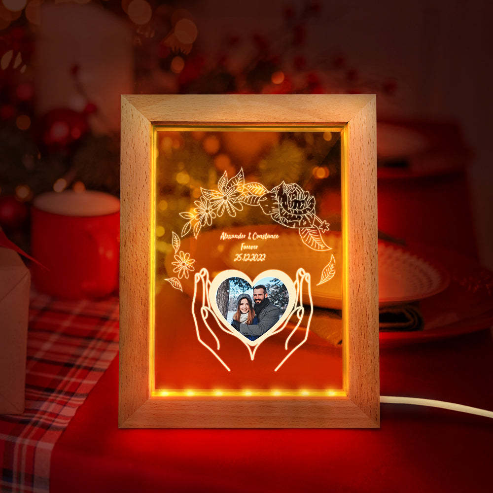 Luz Noturna Com Foto Personalizada Flor 3d Personalizada Lâmpada De Presente Com Moldura De Madeira - soufeelbr