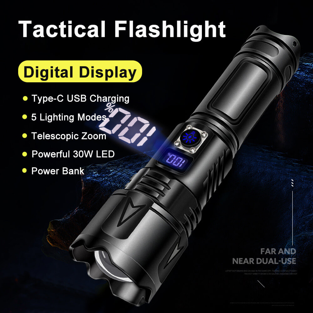 【SG-A03】【Free Shipping】Rechargeable Flashlights with Digital display Type-C USB 12000 High Lumens Zoomable Outdoor Emergency Power Outage Flashlight