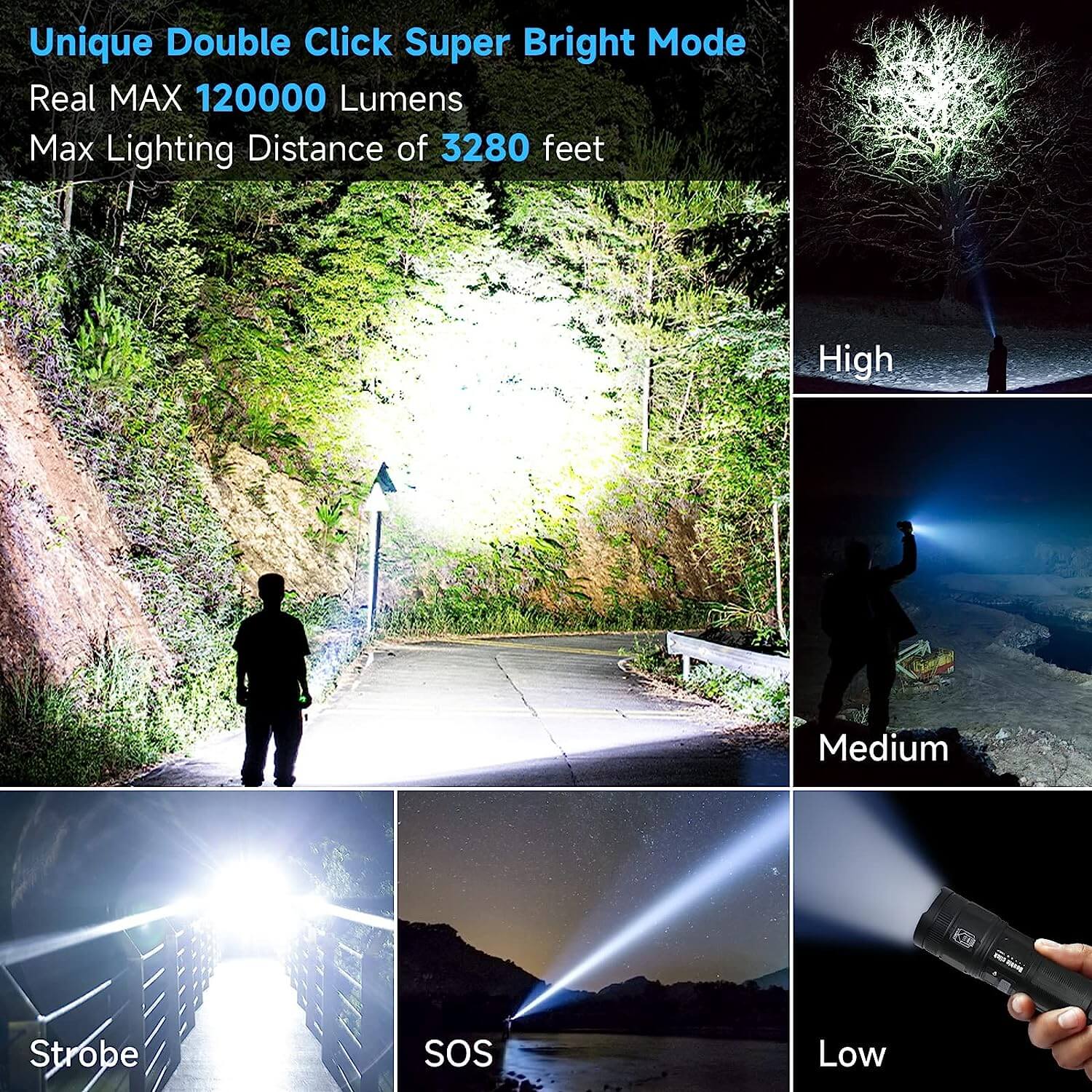 LED Rechargeable Super Bright 120000 High Lumens Laser Flashlight With Tail Light
