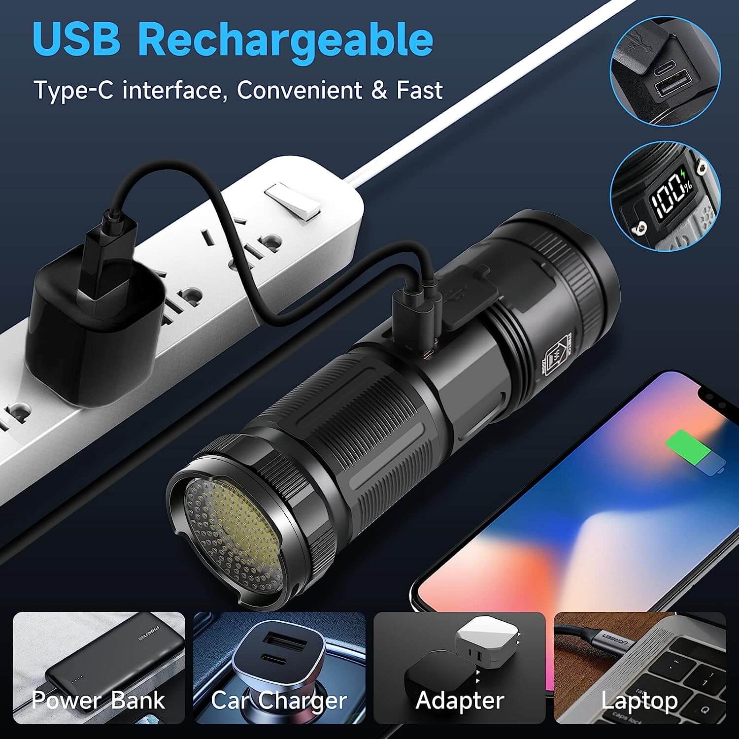 LED Rechargeable Super Bright 120000 High Lumens Laser Flashlight With Tail Light