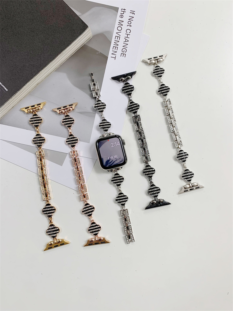 Striped Rhinestone-set four-leaf clover stainless steel Band