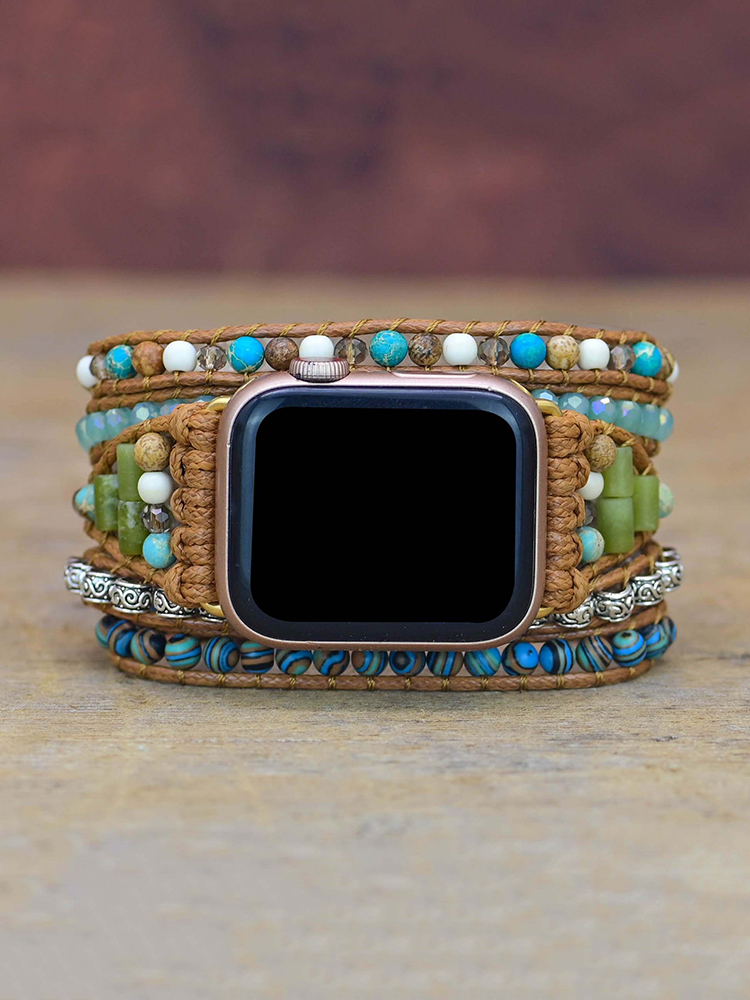 5-loop Bohemian Natural Stone Wheat Ear Clasp Handwoven Band