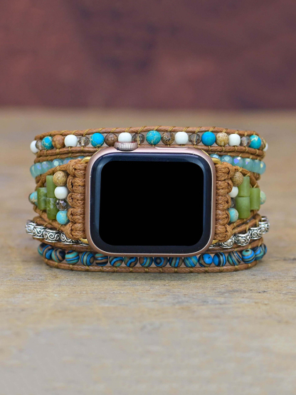 5-loop Bohemian Natural Stone Wheat Ear Clasp Handwoven Band