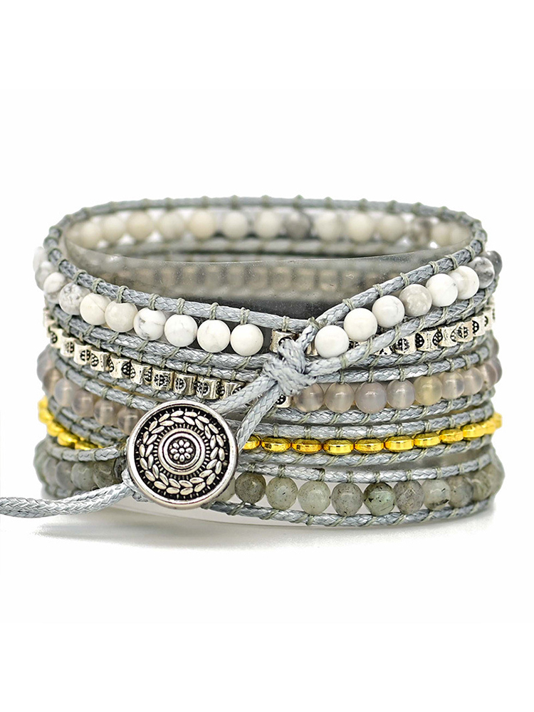 5-loop Bohemian Natural Stone Wheat Ear Clasp Handwoven Band