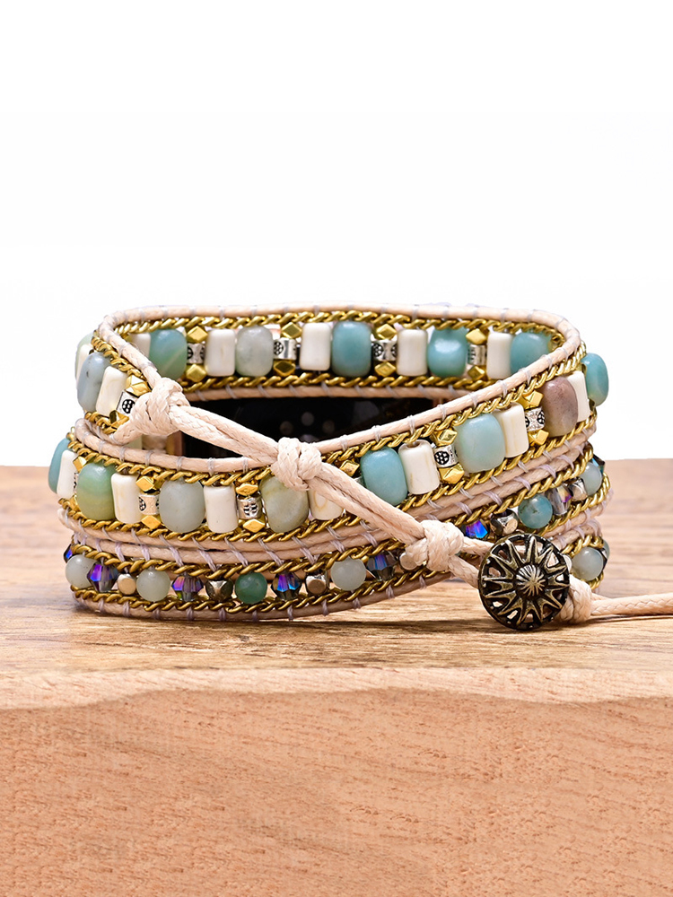 3-loop Bohemian Natural Stone Sun Flower Buckle Handwoven Band