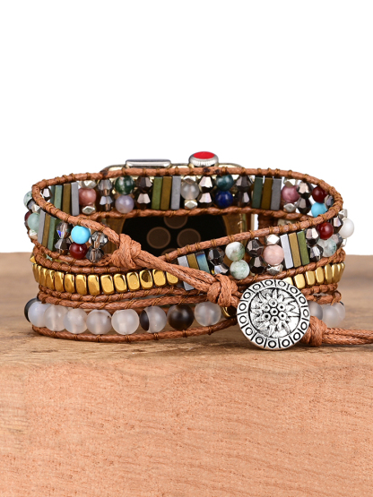 3-loop Bohemian Natural Stone Flower Buckle Handwoven Band