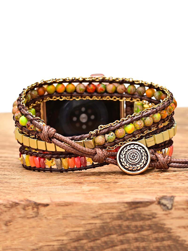 3-loop Bohemian Natural Stone Wheat Ear Buckle Handwoven Band