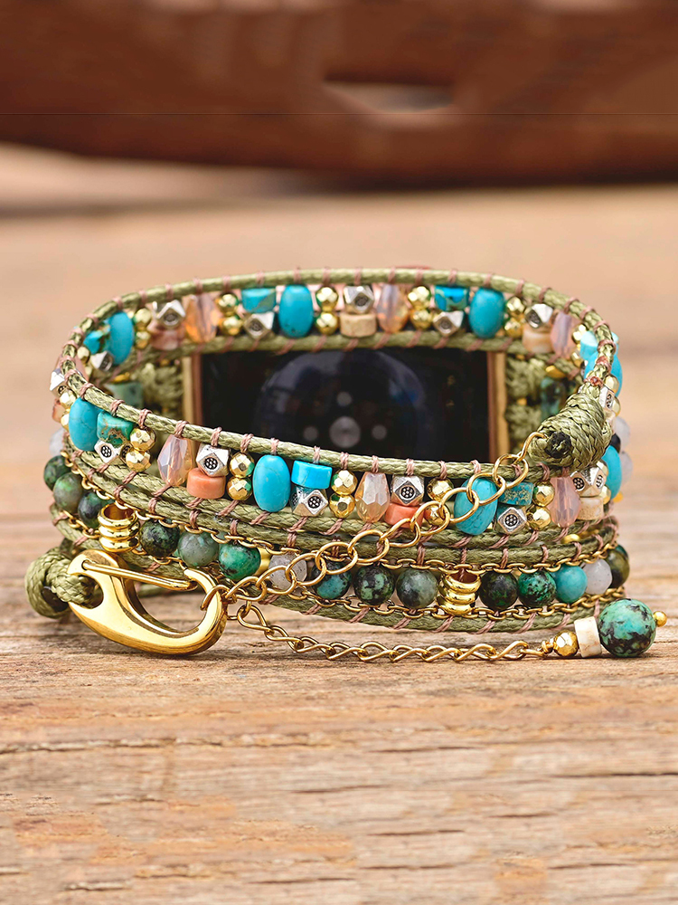 3-loop Bohemian Natural Stone Hook Buckle Handwoven Band