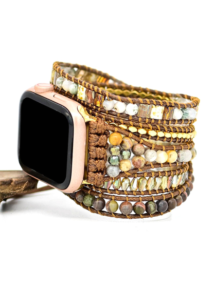 5-loop Bohemian Natural Stone Lion Pattren Buckle Handwoven Band