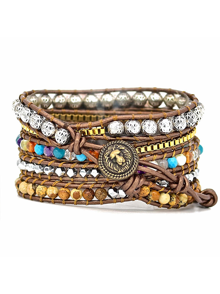 5-loop Bohemian Natural Stone Lion Pattren Buckle Handwoven Band