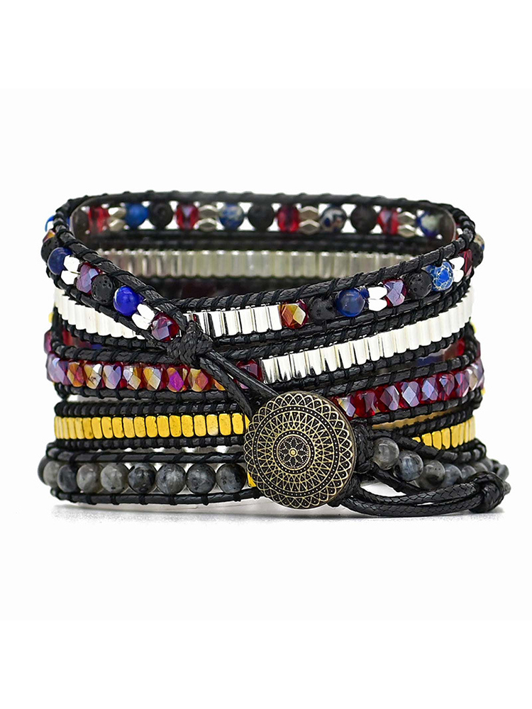 5-loop Bohemian Natural Stone Bamboo Hat Pattren Buckle Handwoven Band