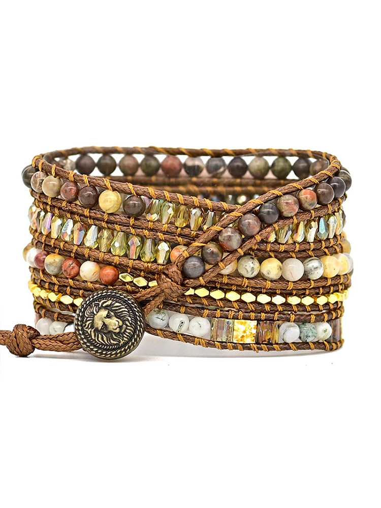 5-loop Bohemian Natural Stone Lion Pattren Buckle Handwoven Band