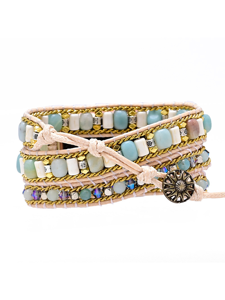 3-loop Bohemian Natural Stone Sun Flower Buckle Handwoven Band