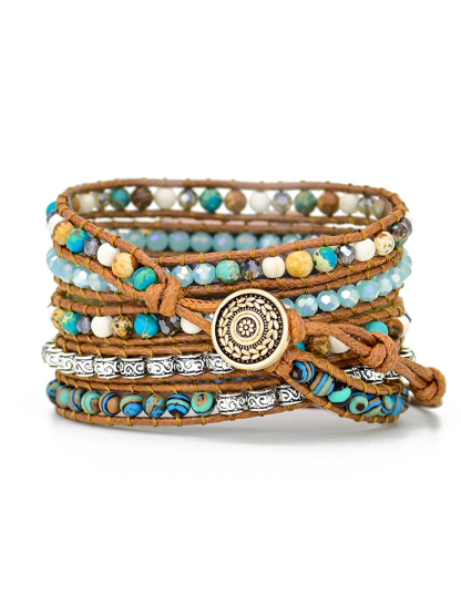 5-loop Bohemian Natural Stone Wheat Ear Clasp Handwoven Band