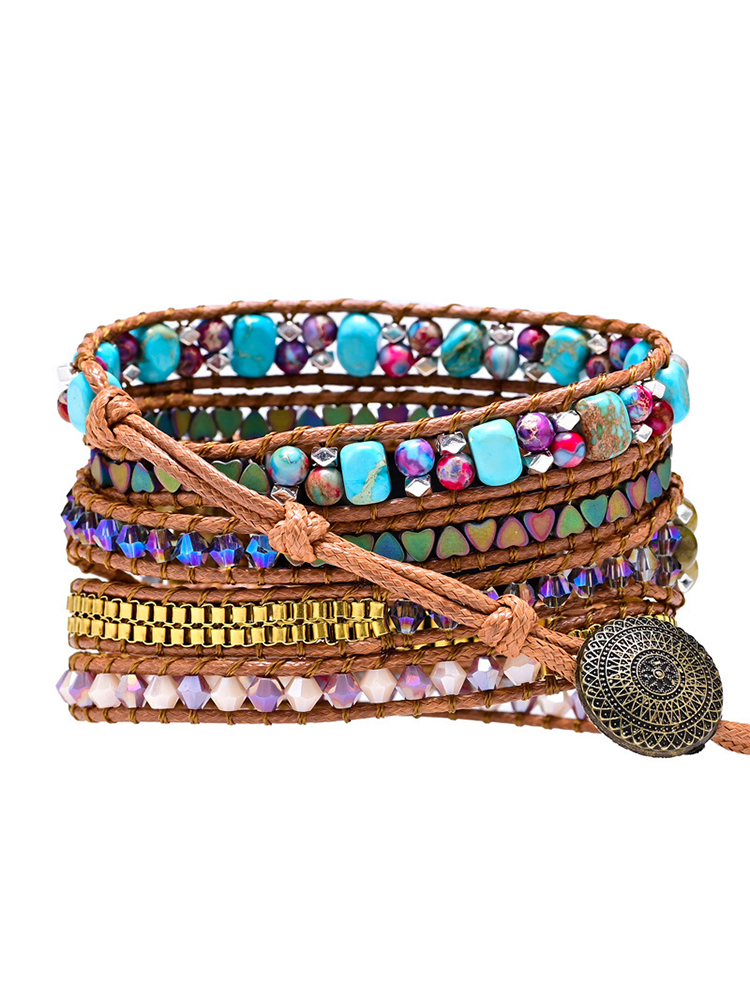 5-loop Bohemian Natural Stone Bamboo Hat Pattren Buckle Handwoven Band