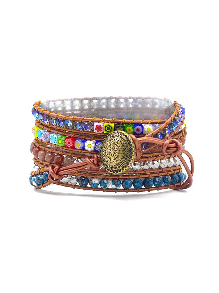 5-loop Bohemian Natural Stone Bamboo Hat Pattren Buckle Handwoven Band