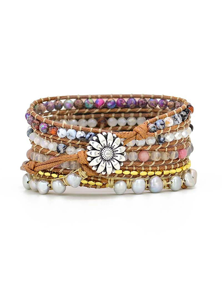 5-loop Bohemian Natural Stone Chrysanthemum Pattern Buckle Handwoven Band