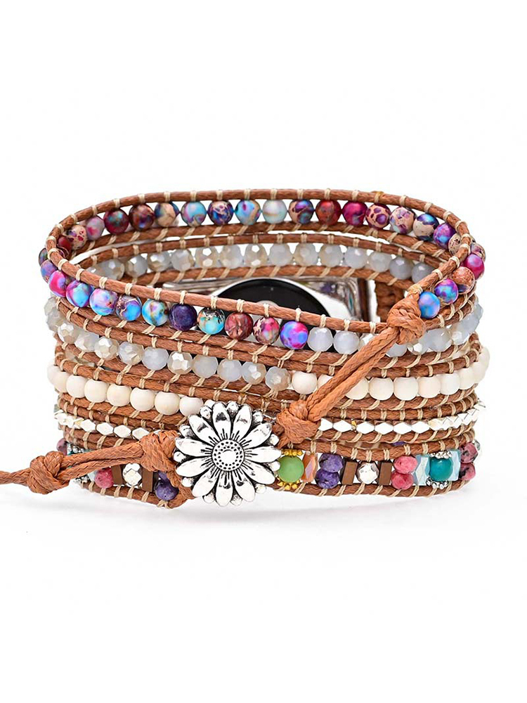 5-loop Bohemian Natural Stone Chrysanthemum Pattern Buckle Handwoven Band