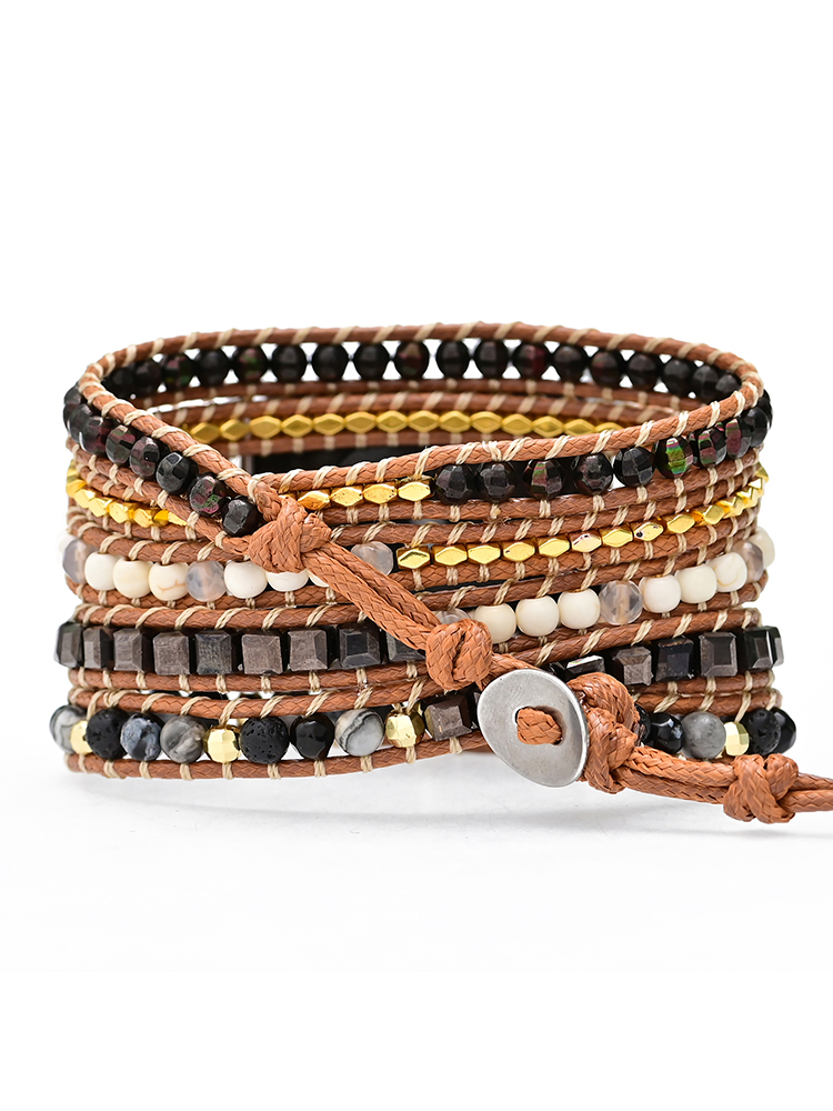 5-loop Bohemian Natural Stone Pig Nose Buckle Handwoven Band