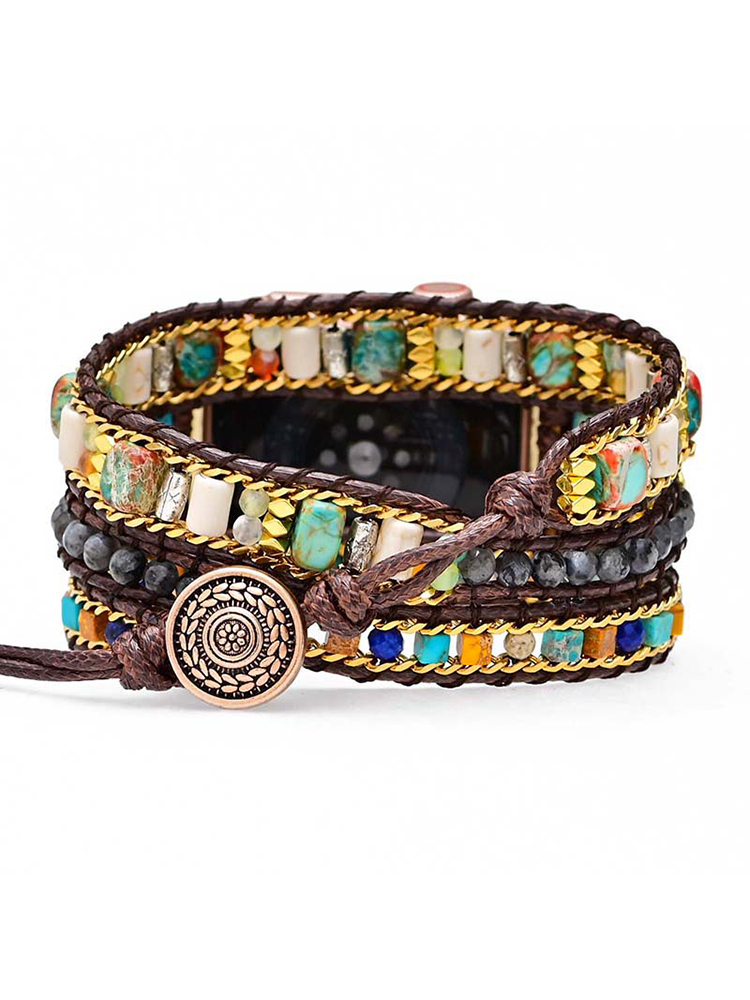 3-loop Bohemian Natural Stone Wheat Ear Buckle Handwoven Band