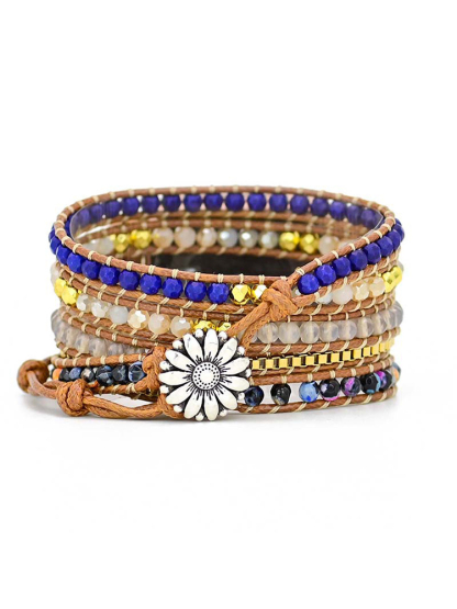5-loop Bohemian Natural Stone Chrysanthemum Pattern Buckle Handwoven Band