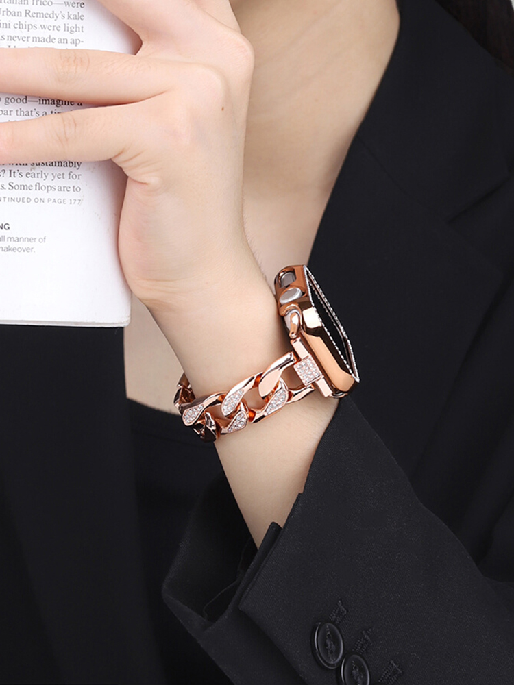 Rhinestone-Encrusted Cuban Link Stainless Steel Band