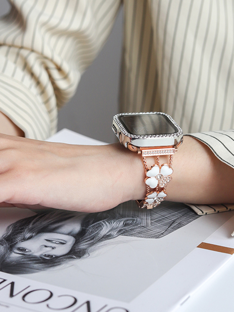 Mother-of-pearl and Rhinestone Inlay Four-leaf Clover Band for Apple Watch