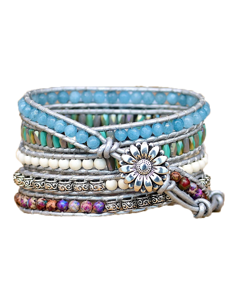 5-loop Bohemian Natural Stone Chrysanthemum Pattern Buckle Handwoven B