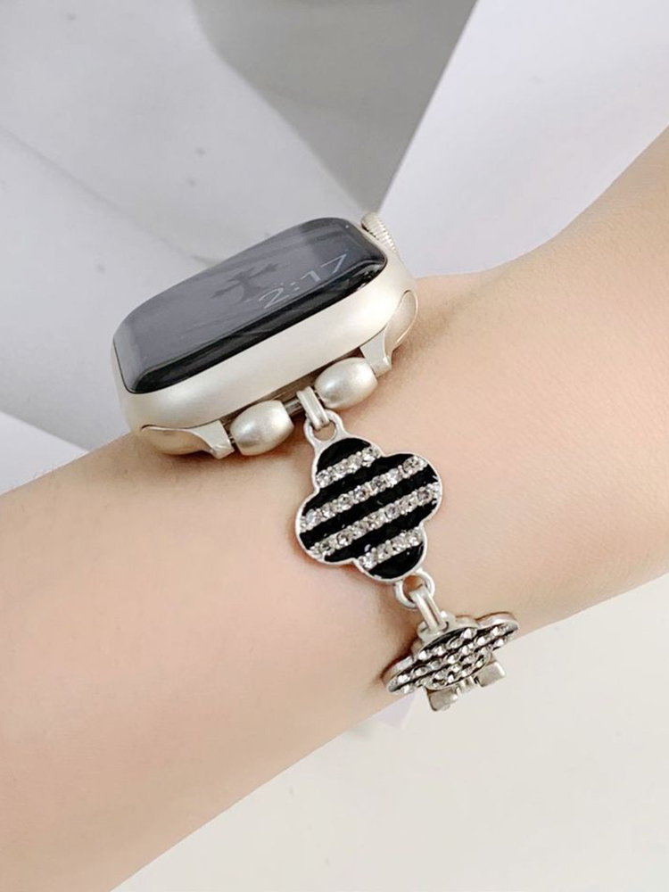 Striped Rhinestone-set four-leaf clover stainless steel Band