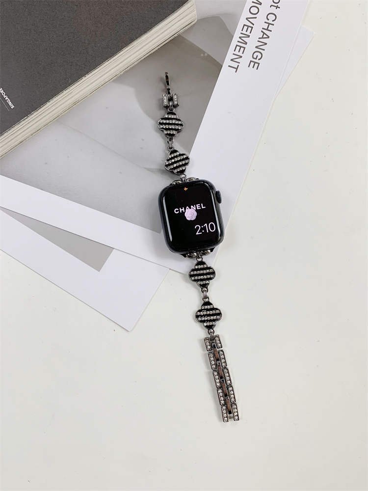 Striped Rhinestone-set four-leaf clover stainless steel Band