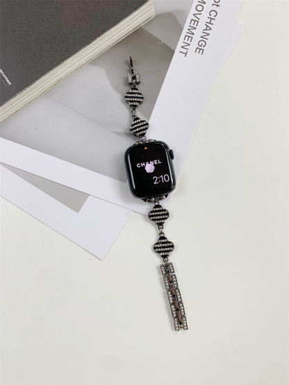 Striped Rhinestone-set four-leaf clover stainless steel Band