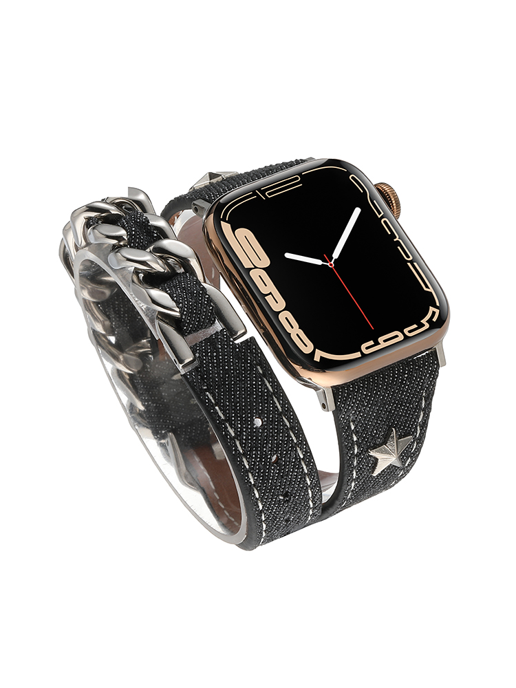 Double-Loop Curved Star Stud Denim Leather Apple Watch Band - Tatanband