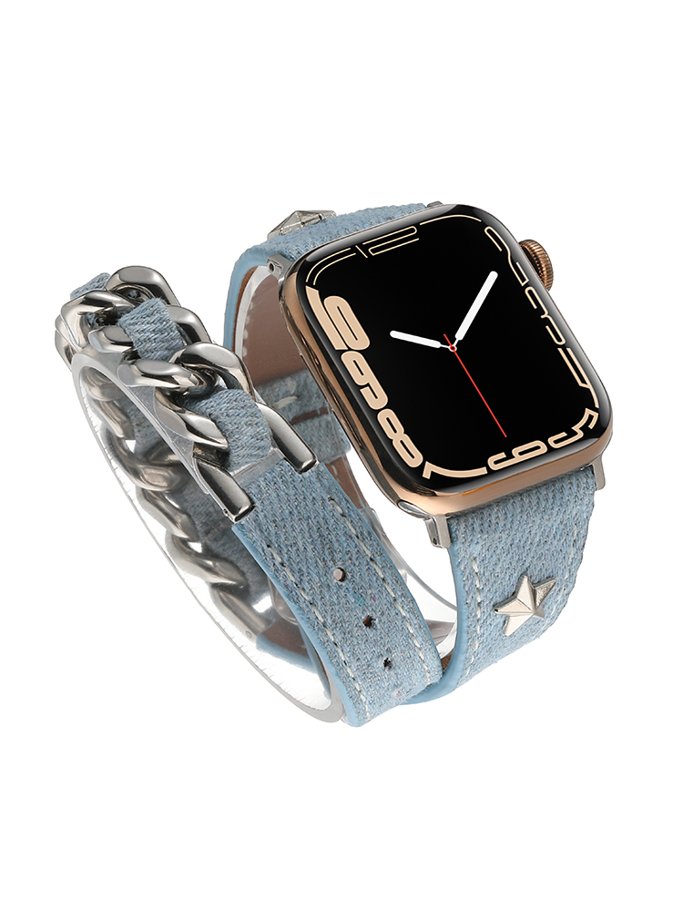 Double-Loop Curved Star Stud Denim Leather Apple Watch Band - Tatanband