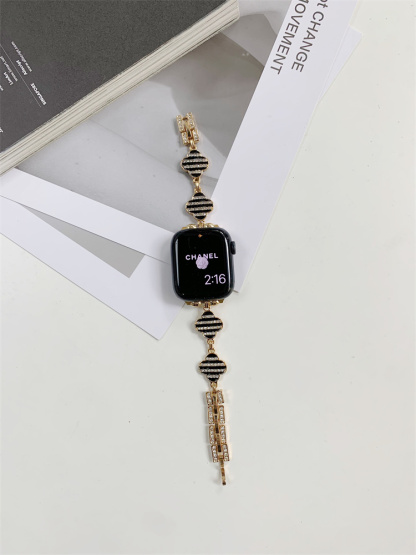 Striped Rhinestone-set four-leaf clover stainless steel Band