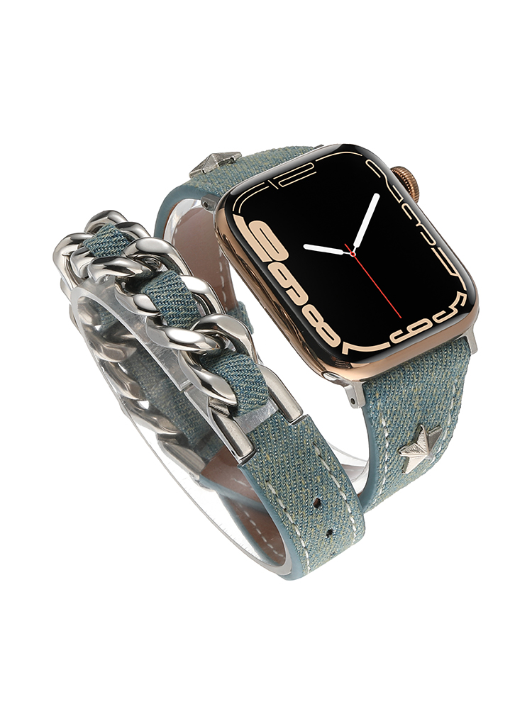 Double-Loop Curved Star Stud Denim Leather Apple Watch Band - Tatanband